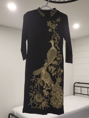 Black Midi Dress with Gold Peacock Embroidery